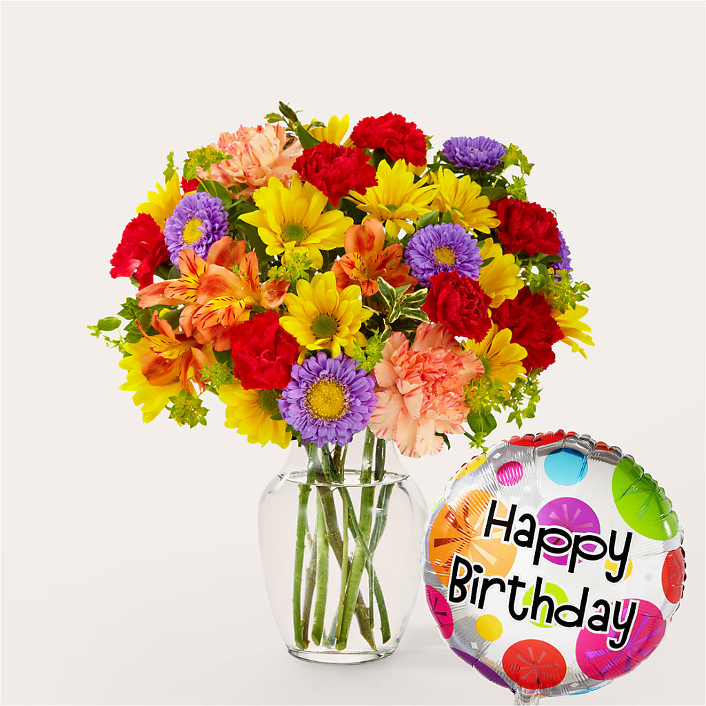 Kaleidoscope Bouquet with Birthday Balloon – NITA'S FLOWERS & GIFTS, Marlow OK